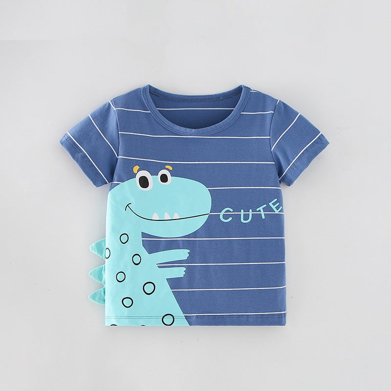 Boys' blue short sleeves T-shirt featuring a cute dinosaur cartoon pattern and striped design, perfect for summer wear.