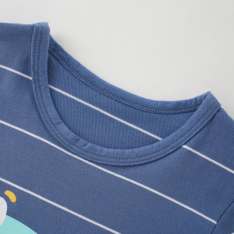 Boys' blue short sleeves T-shirt featuring a cute dinosaur cartoon pattern and striped design, perfect for summer wear.