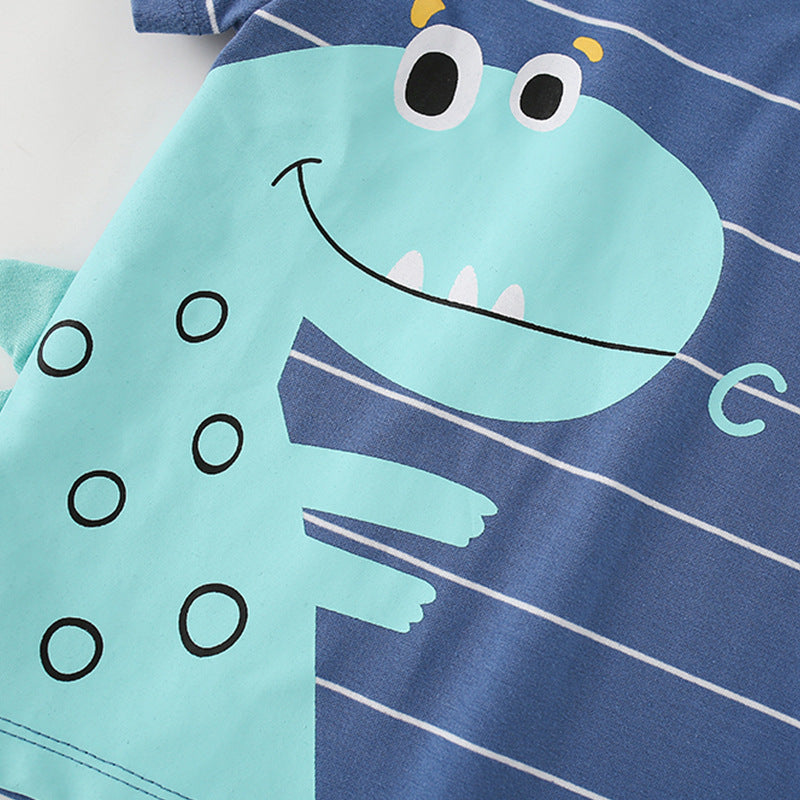 Boys' blue short sleeves T-shirt featuring a cute dinosaur cartoon pattern and striped design, perfect for summer wear.