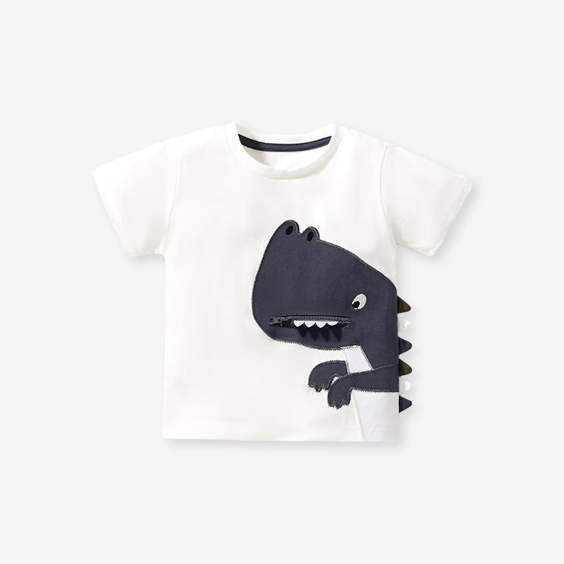 Boys' white dinosaur design t-shirt with pocket, perfect for summer wear.