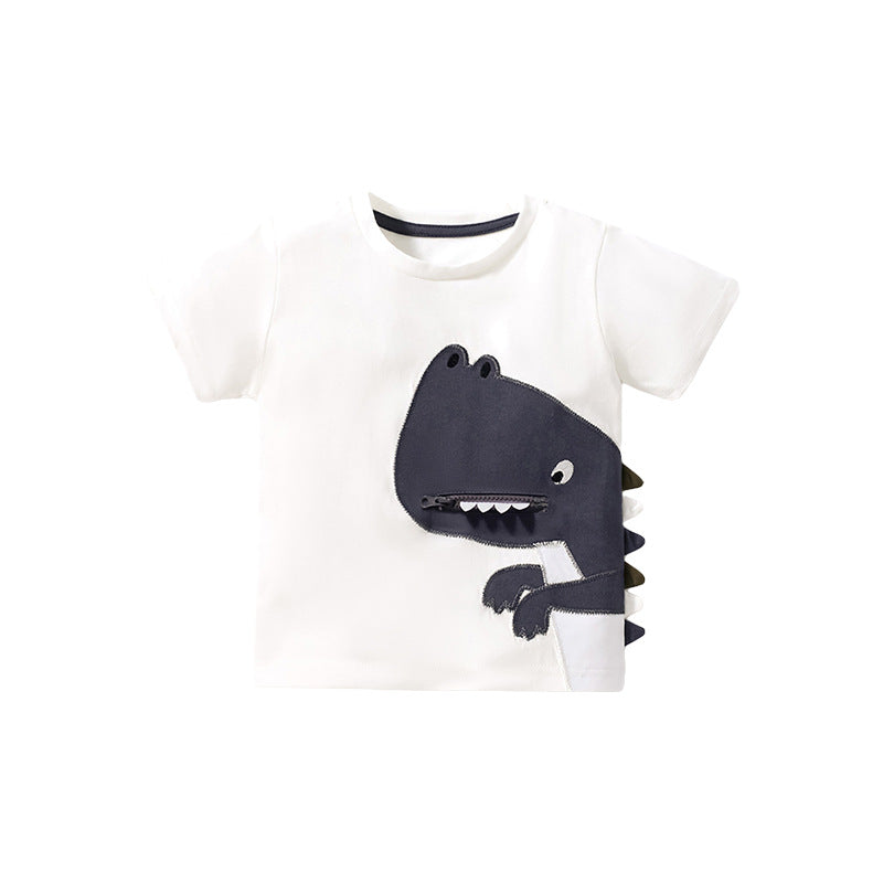 Boys' white dinosaur design t-shirt with pocket, perfect for summer wear.