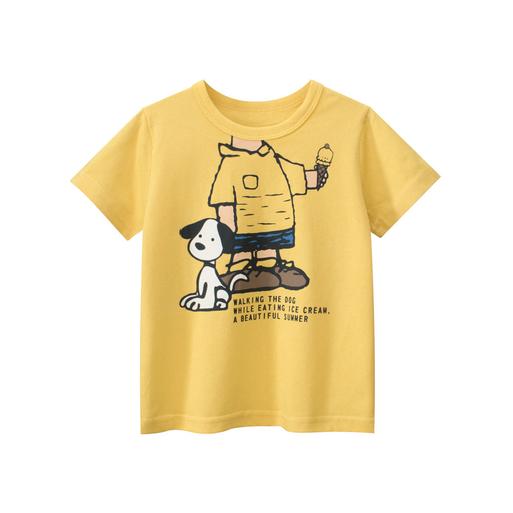 Boys’ Dogs Cartoon Print T-Shirt in vibrant yellow, featuring a playful dog design, perfect for summer wear.