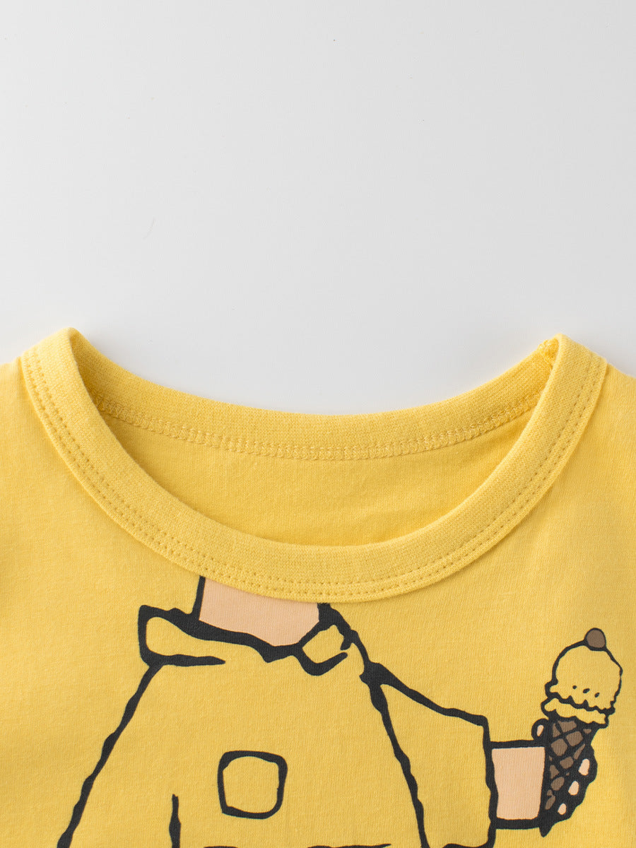 Boys’ Dogs Cartoon Print T-Shirt in vibrant yellow, featuring a playful dog design, perfect for summer wear.