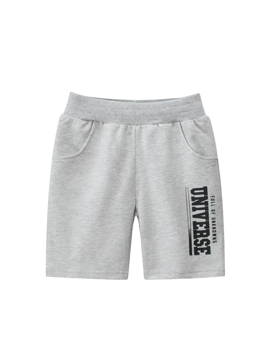 Boys casual shorts featuring a letters print design in black, navy blue, and grey colors, made from soft cotton material.