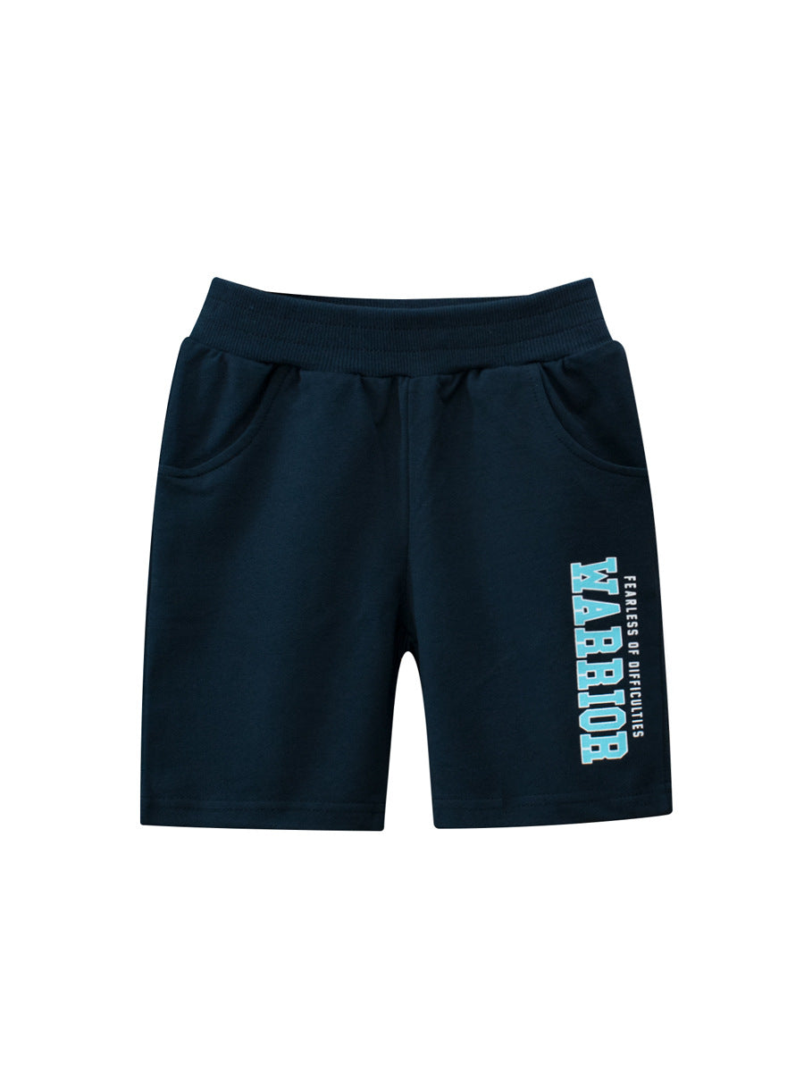 Boys casual shorts featuring a letters print design in black, navy blue, and grey colors, made from soft cotton material.