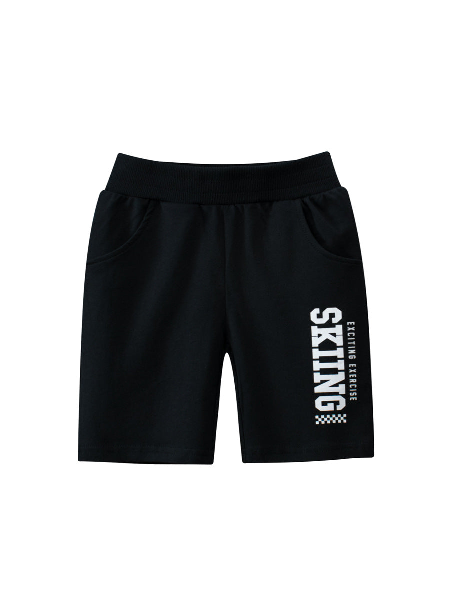 Boys casual shorts featuring a letters print design in black, navy blue, and grey colors, made from soft cotton material.