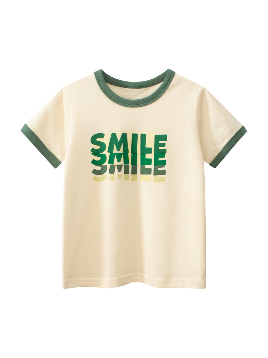 Boys’ Letters Print T-Shirt in apricot color, made of cotton, featuring a playful letters design, perfect for summer wear.