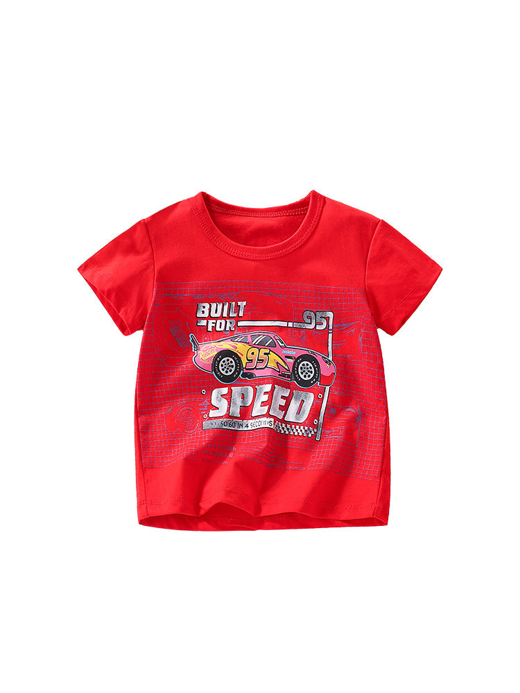 Boys’ Racing Car Cartoon Print T-Shirt in vibrant red color, featuring a playful racing car design, perfect for summer wear.