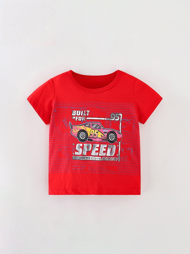 Boys’ Racing Car Cartoon Print T-Shirt in vibrant red color, featuring a playful racing car design, perfect for summer wear.