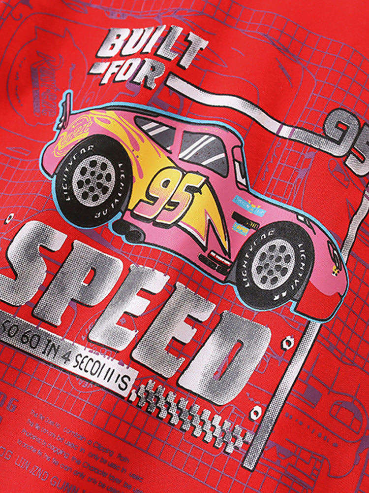 Boys’ Racing Car Cartoon Print T-Shirt in vibrant red color, featuring a playful racing car design, perfect for summer wear.