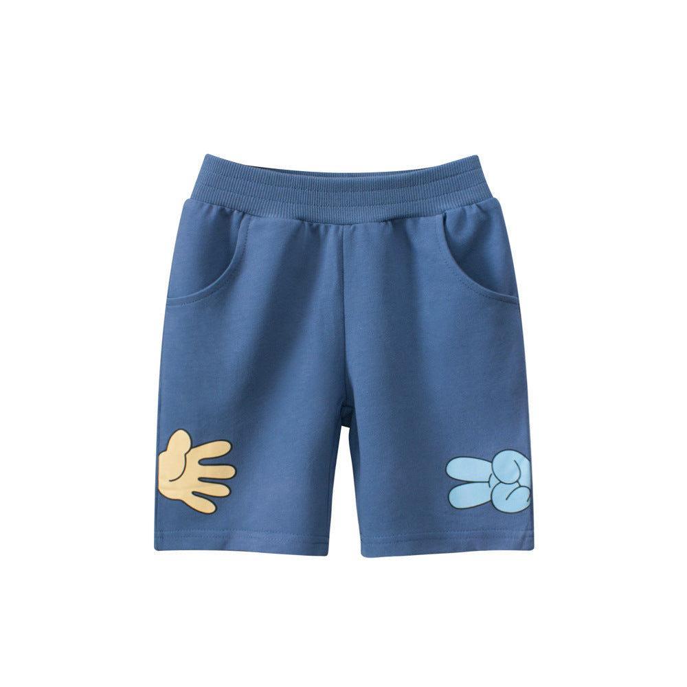 Boys Rock-Paper-Scissors Print Soft Casual Style Shorts in navy blue, featuring a playful cartoon design, perfect for summer wear.