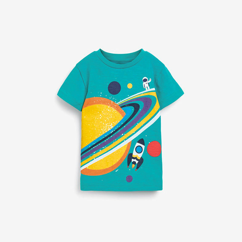 Boys Space Rocket Cartoon Print T-Shirt in green cotton, featuring a playful rocket design, perfect for summer wear.