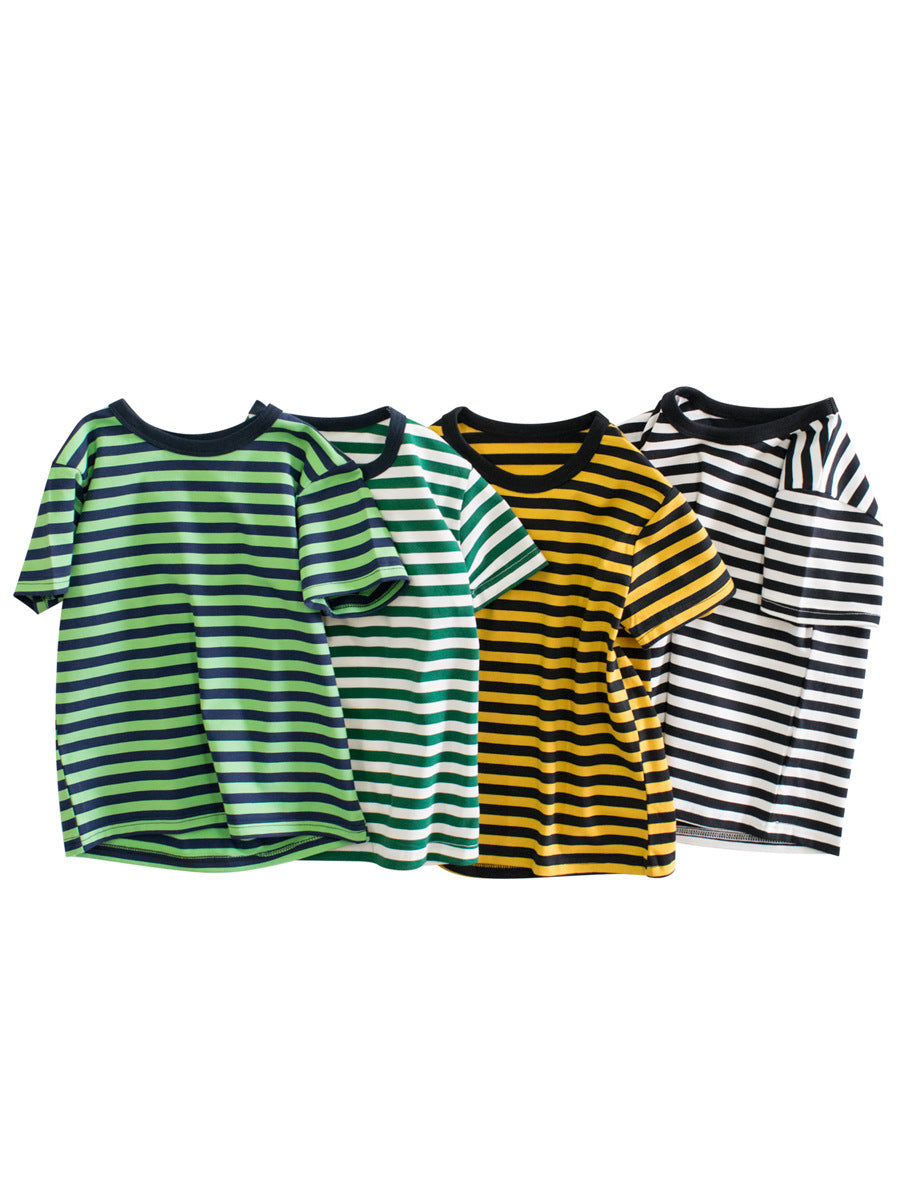 Boys’ Striped Pattern Casual T-Shirt in vibrant colors, showcasing its soft cotton fabric and stylish design.