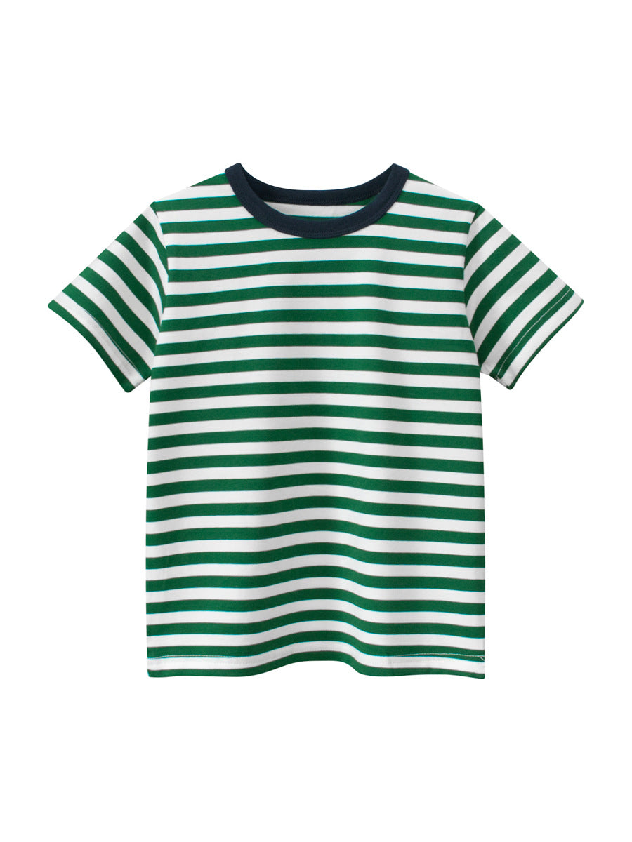 Boys’ Striped Pattern Casual T-Shirt in vibrant colors, showcasing its soft cotton fabric and stylish design.