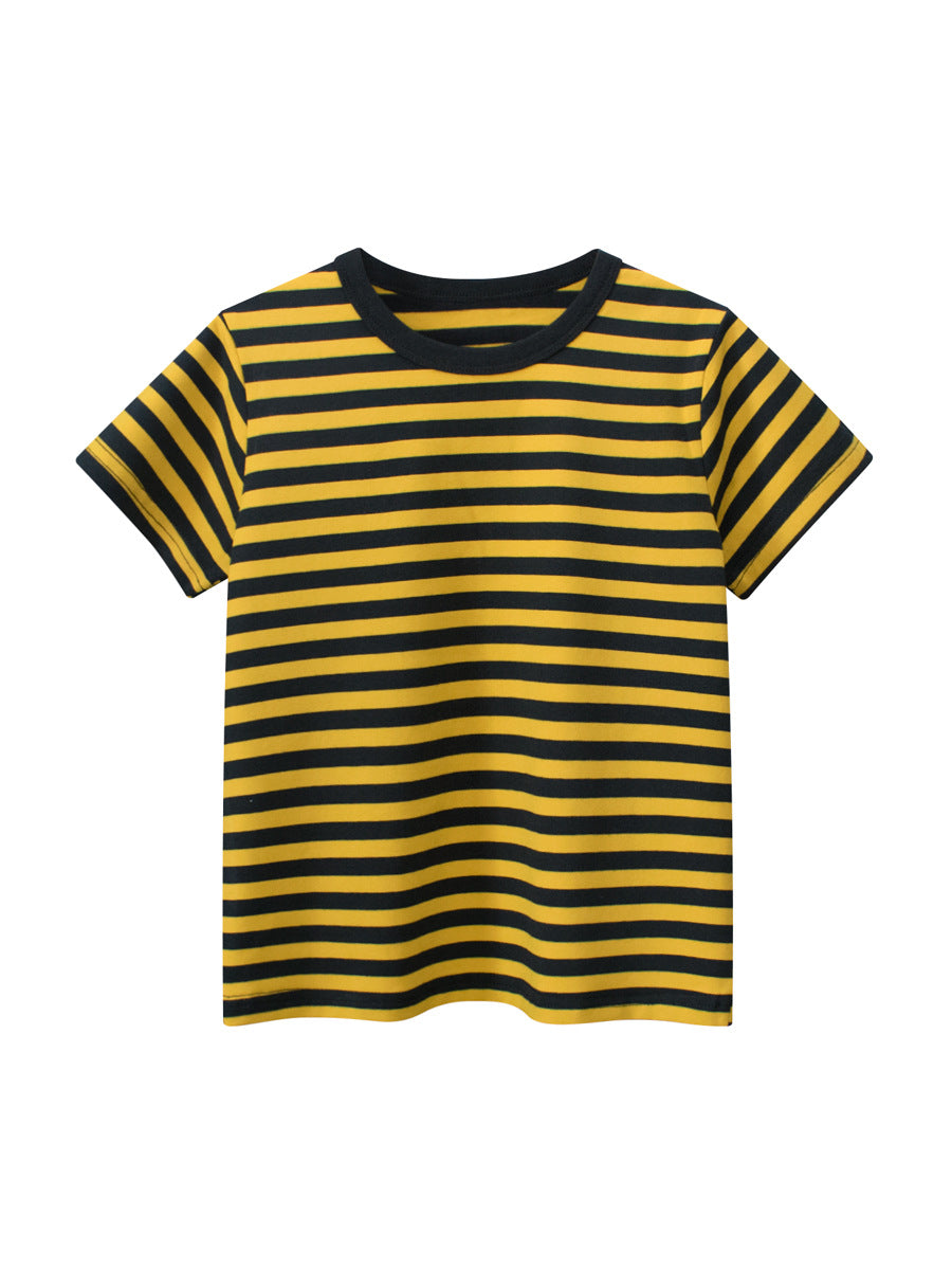 Boys’ Striped Pattern Casual T-Shirt in vibrant colors, showcasing its soft cotton fabric and stylish design.