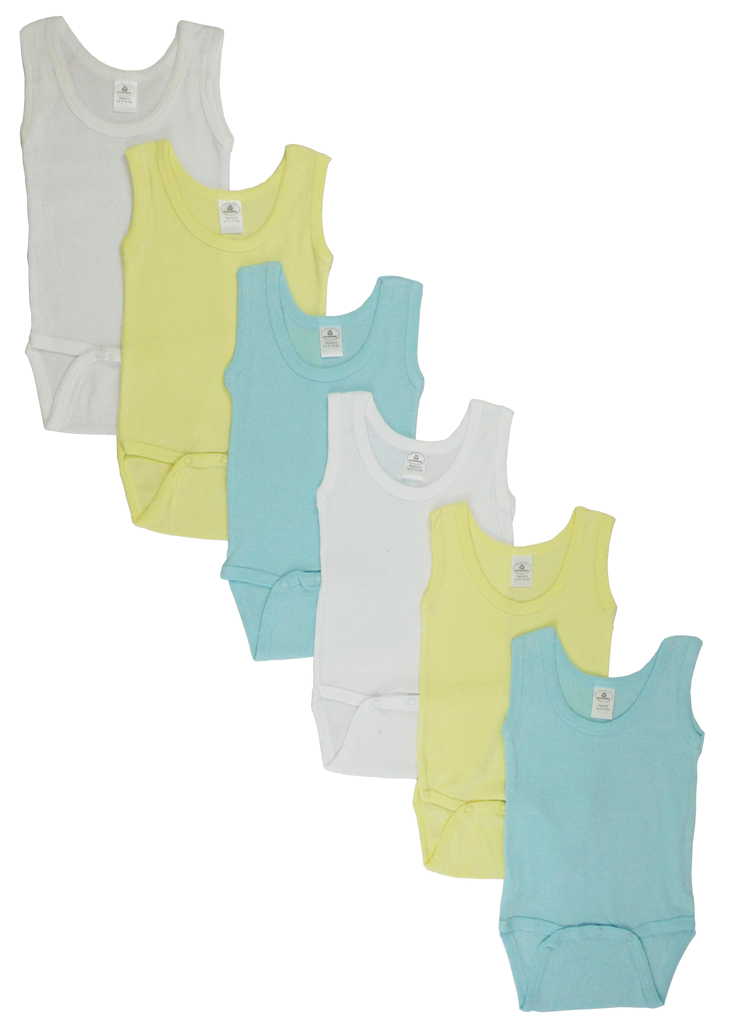 A colorful assortment of Boys Tank Top Onezies in blue, white, and yellow, showcasing their soft cotton fabric and convenient design.