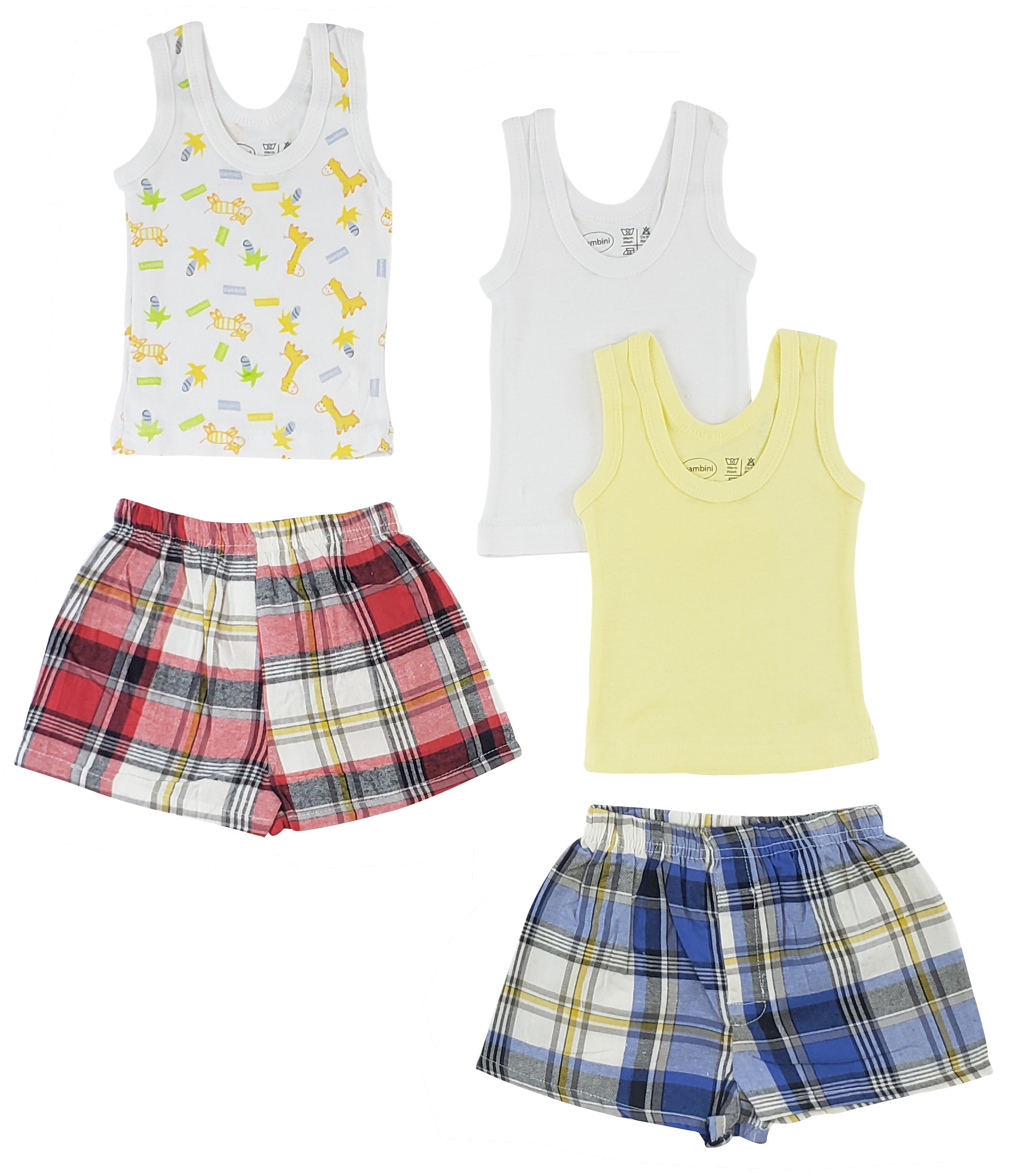 A collection of boys tank tops and boxer shorts made from 100% cotton, showcasing vibrant colors and comfortable designs.