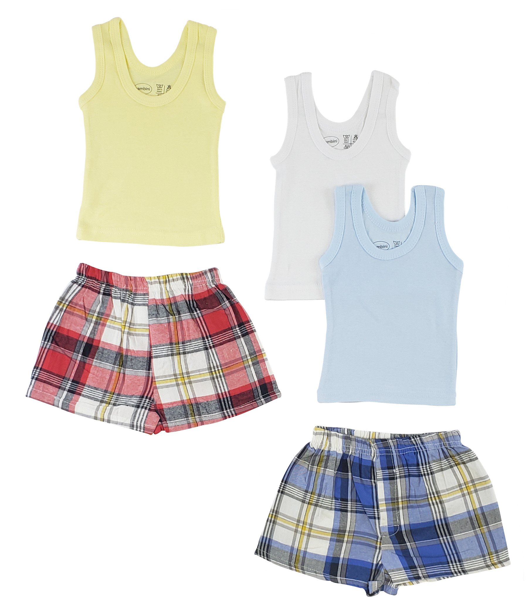 A set of boys tank tops and boxer shorts made from 100% cotton, showcasing their soft texture and vibrant colors.