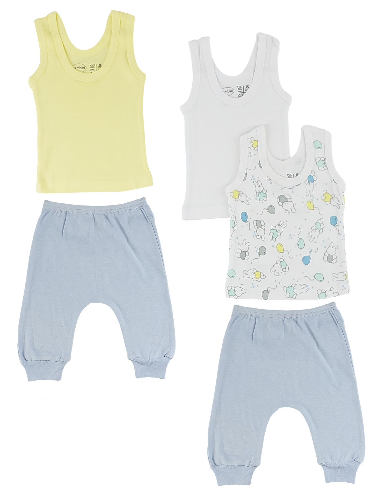 A collection of boys' sleeveless tank tops and blue jogger pants made from 100% cotton, showcasing their soft texture and vibrant colors.