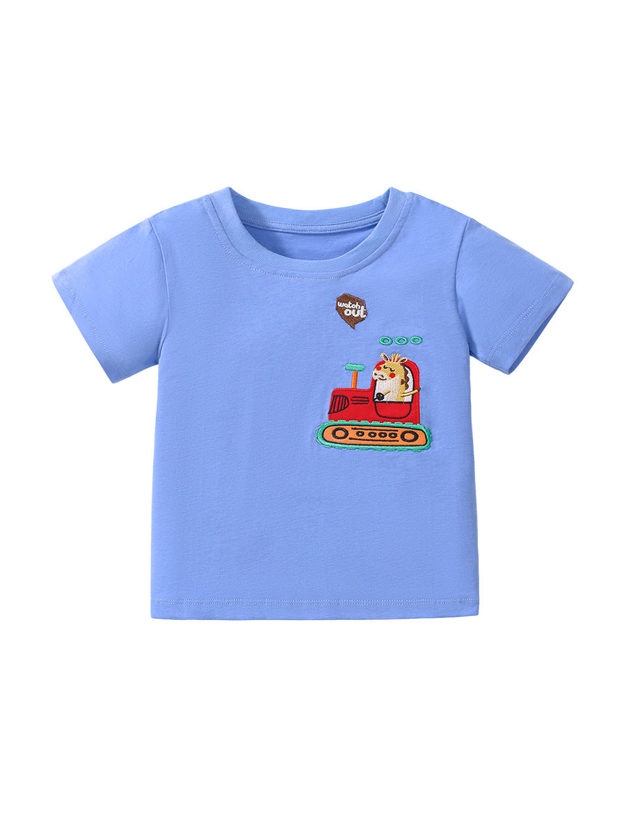 Light blue cotton t-shirt for boys featuring a playful bulldozer cartoon design, perfect for summer wear.