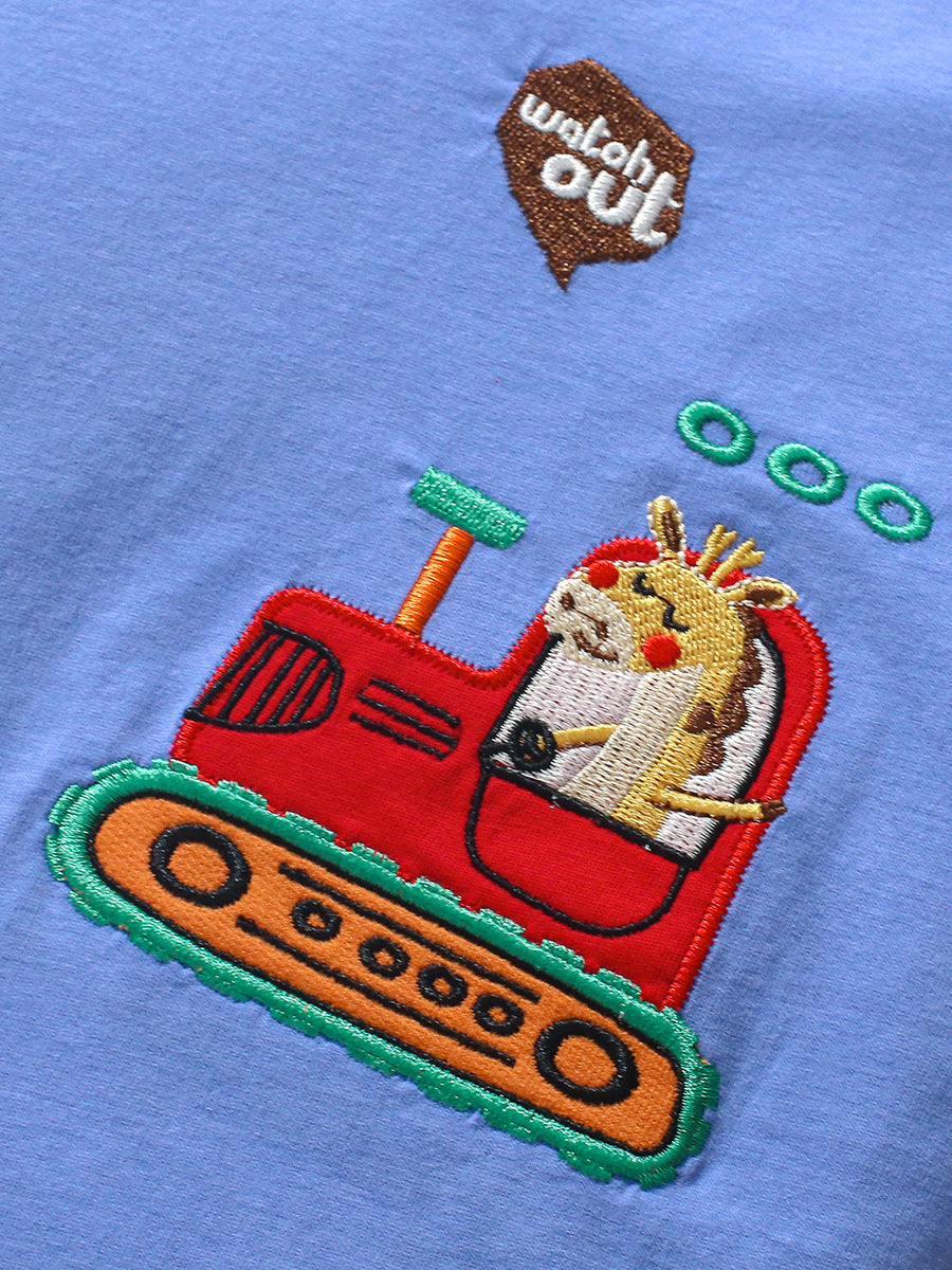 Light blue cotton t-shirt for boys featuring a playful bulldozer cartoon design, perfect for summer wear.