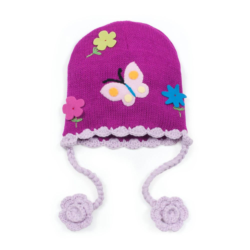 Colorful Butterfly Knit Hat with flower tassels, perfect for children.