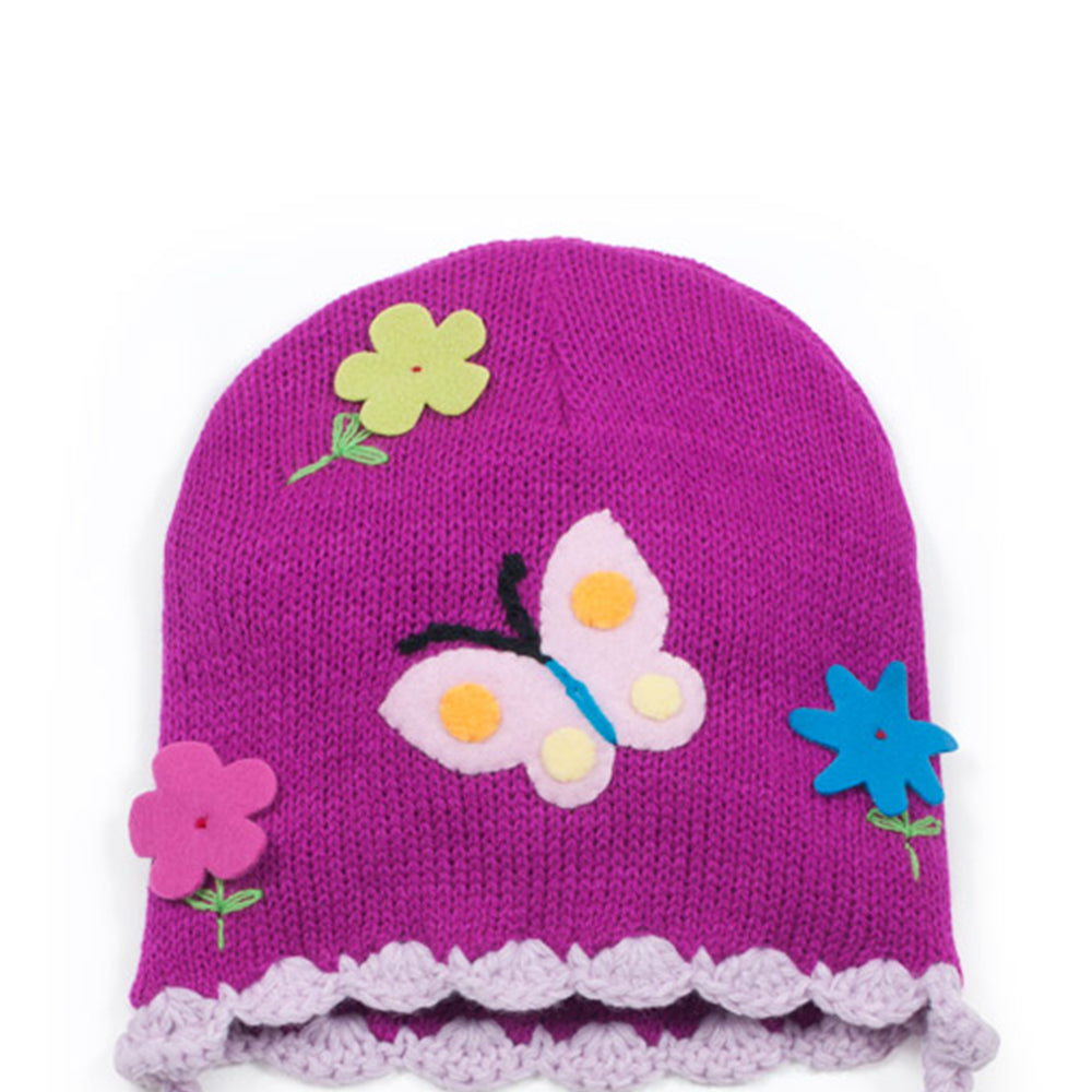 Colorful Butterfly Knit Hat with flower tassels, perfect for children.