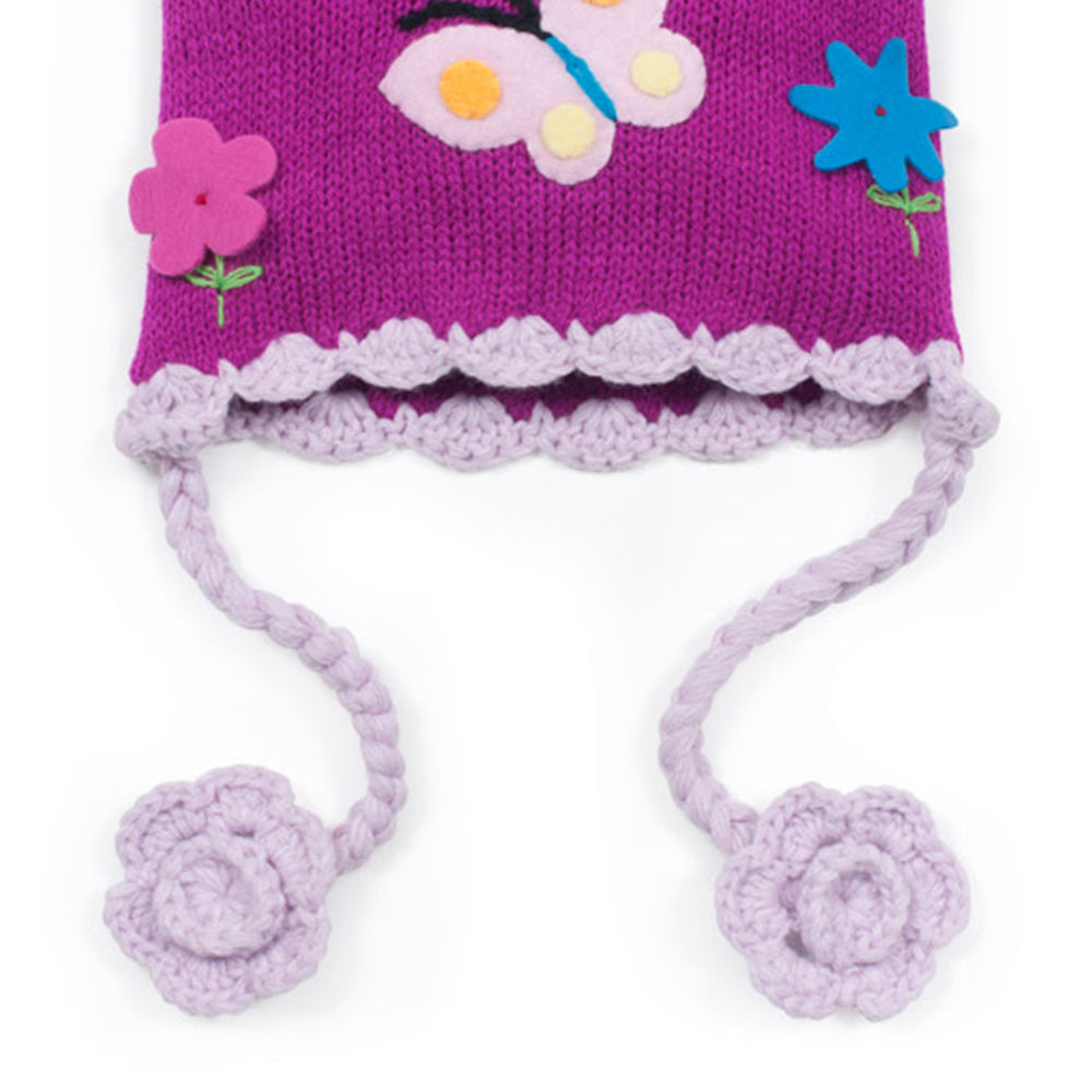 Colorful Butterfly Knit Hat with flower tassels, perfect for children.