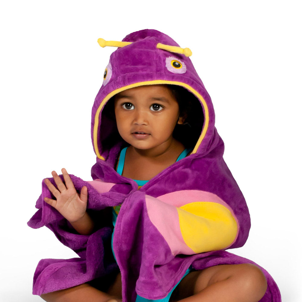 Kidorable Butterfly Towel featuring a colorful butterfly design with a hood, made of soft cotton, perfect for kids after bath or beach.