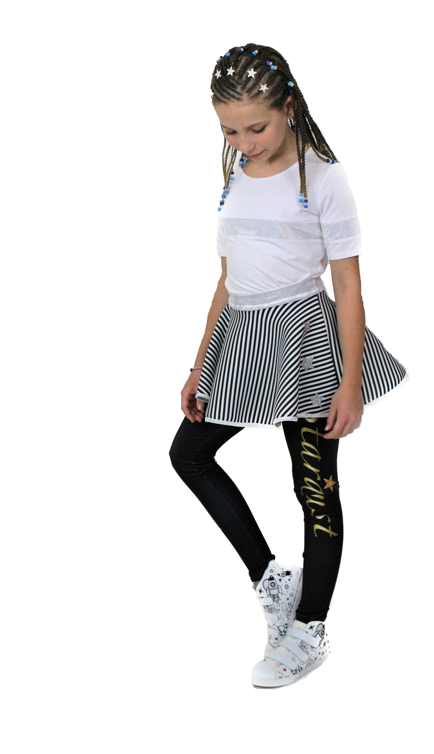 A stylish BW bell Skirt featuring black and white stripes with glittery stars, complemented by a unicorn velvet waist and hem.