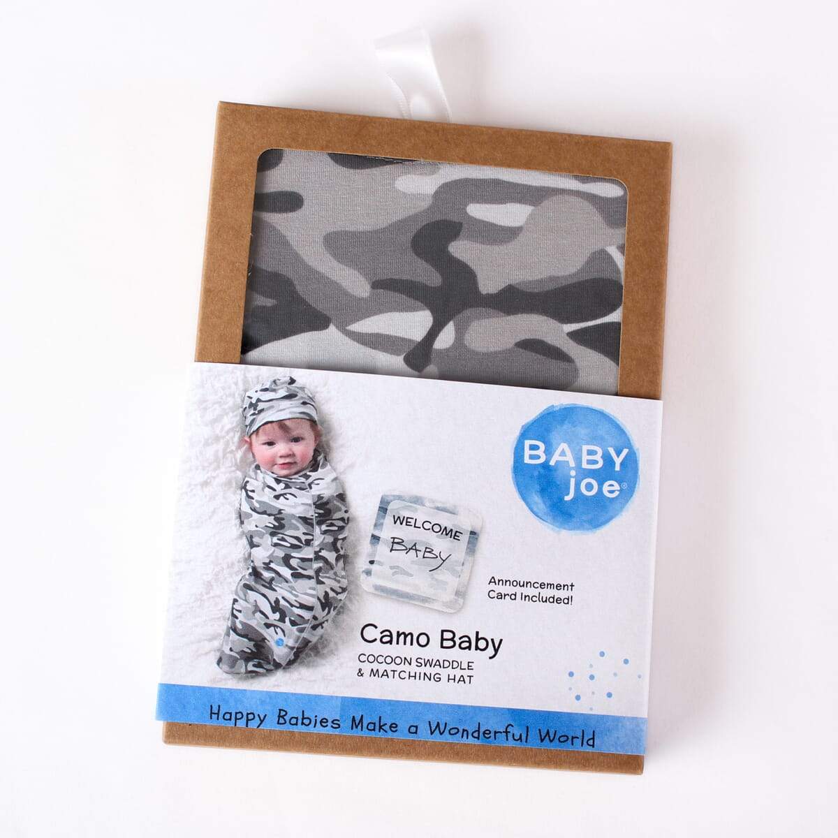 Camo Baby cocoon swaddle set featuring soft fabric, matching headpiece, and newborn announcement card, perfect for cozy moments.