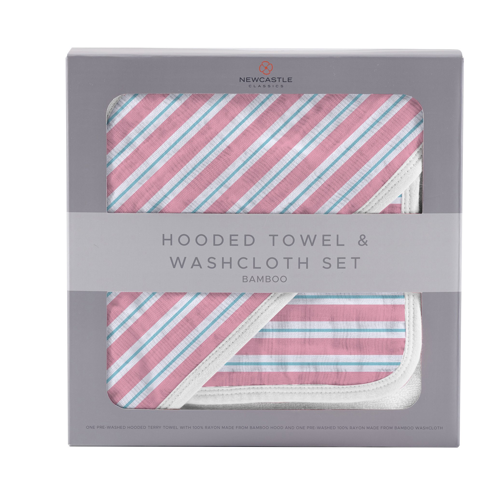 Candy Stripe Bamboo Hooded Towel and Washcloth Set featuring soft bamboo muslin fabric, hooded design, and colorful candy stripe pattern.