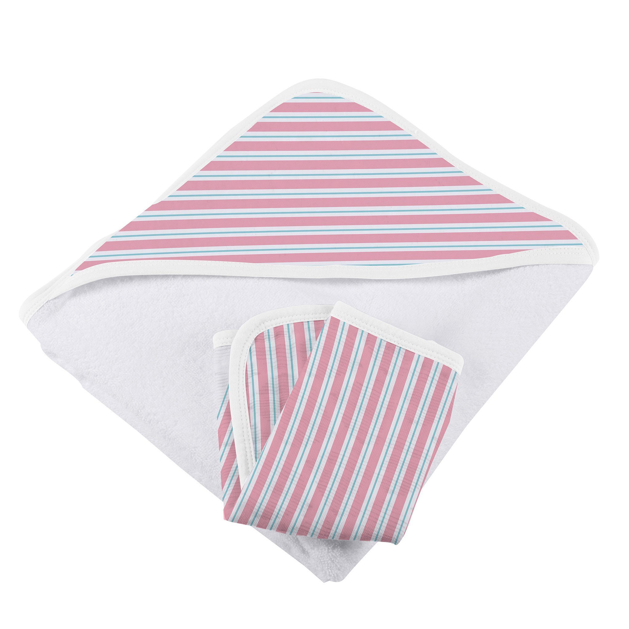 Candy Stripe Bamboo Hooded Towel and Washcloth Set featuring soft bamboo muslin fabric, hooded design, and colorful candy stripe pattern.