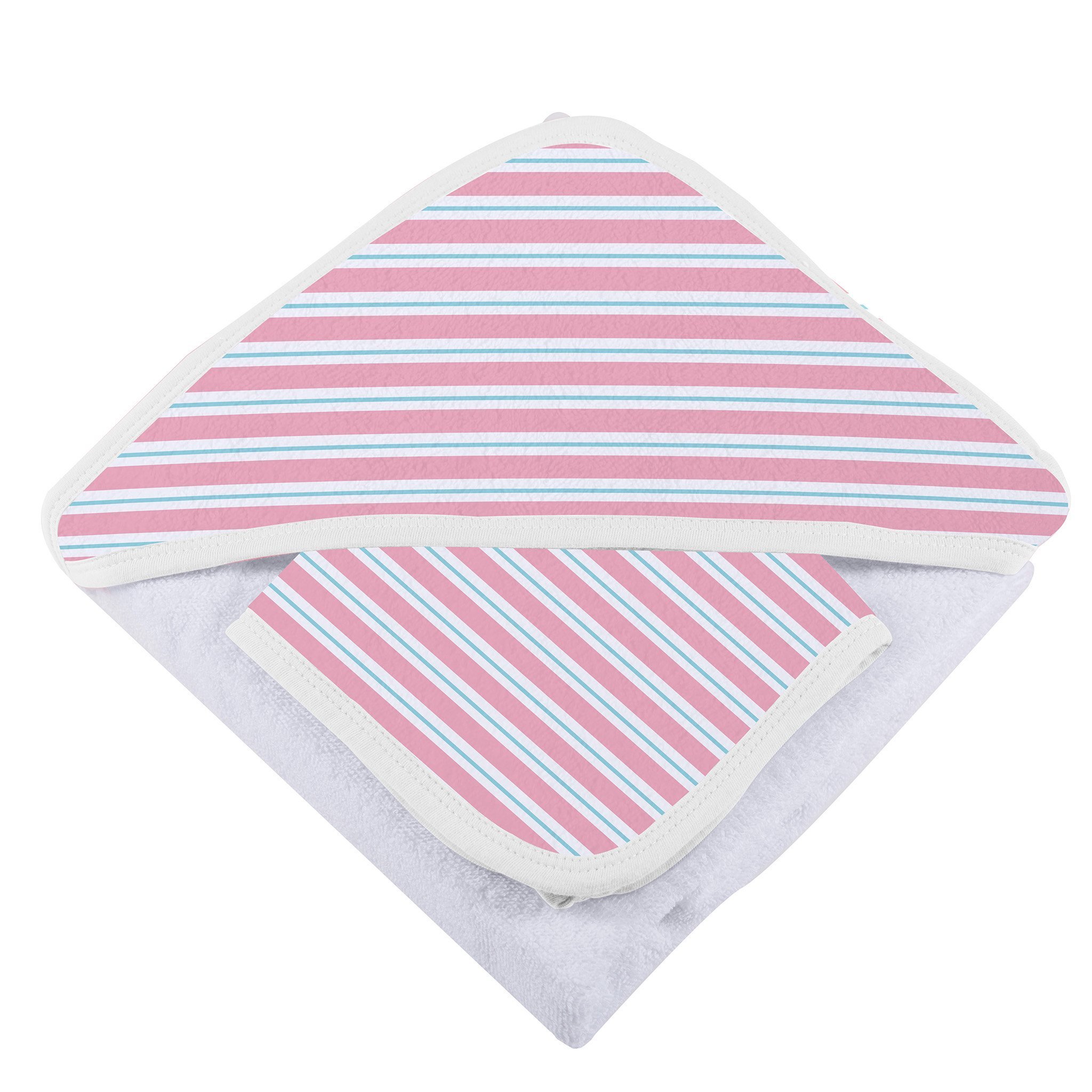 Candy Stripe Bamboo Hooded Towel and Washcloth Set featuring soft bamboo muslin fabric, hooded design, and colorful candy stripe pattern.