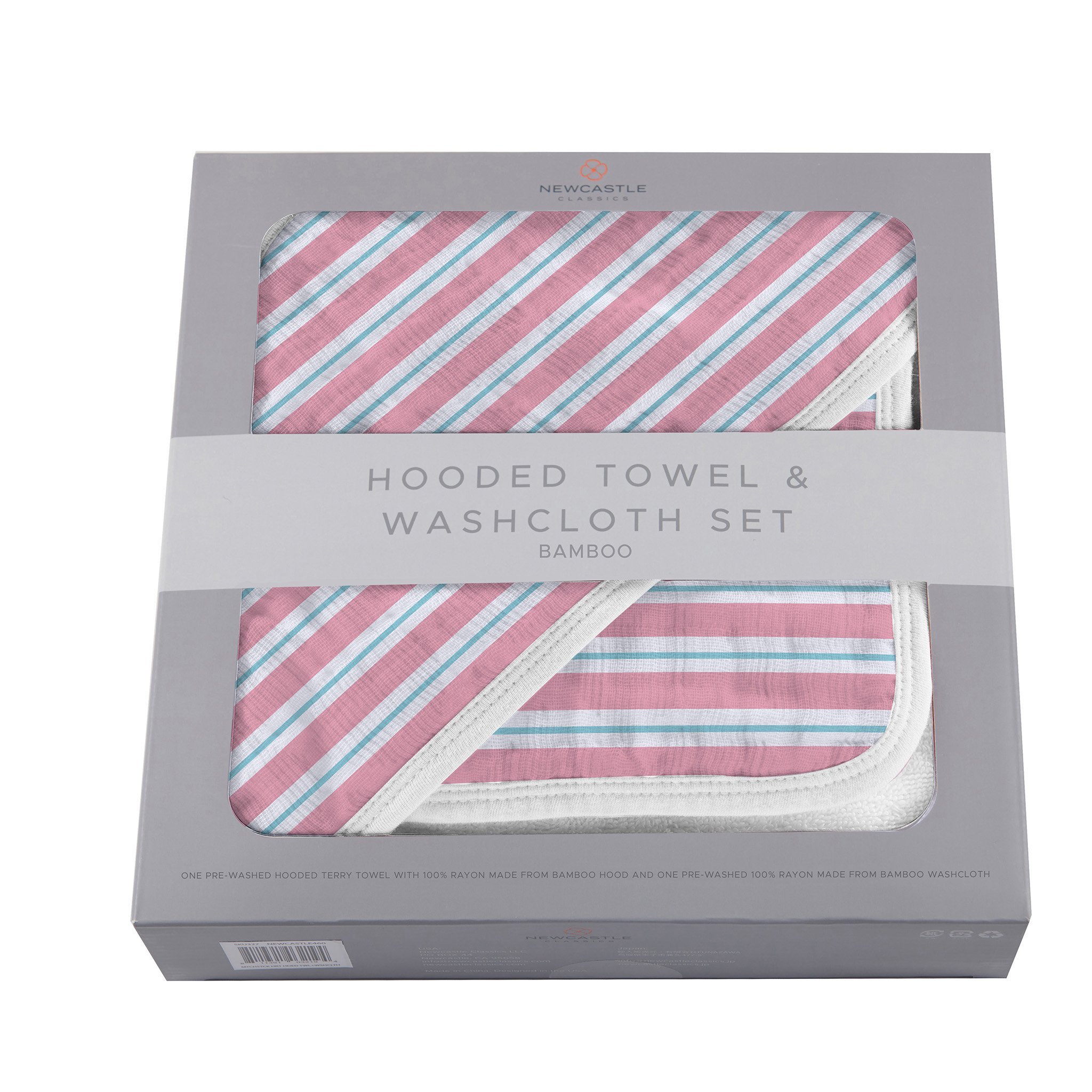 Candy Stripe Bamboo Hooded Towel and Washcloth Set featuring soft bamboo muslin fabric, hooded design, and colorful candy stripe pattern.