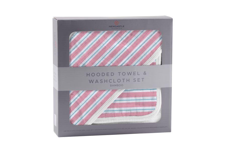 Candy Stripe Bamboo Hooded Towel and Washcloth Set featuring soft bamboo muslin fabric, hooded design, and colorful candy stripe pattern.