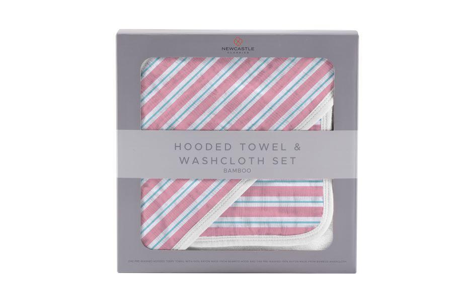 Candy Stripe Bamboo Hooded Towel and Washcloth Set featuring soft bamboo muslin fabric, hooded design, and colorful candy stripe pattern.