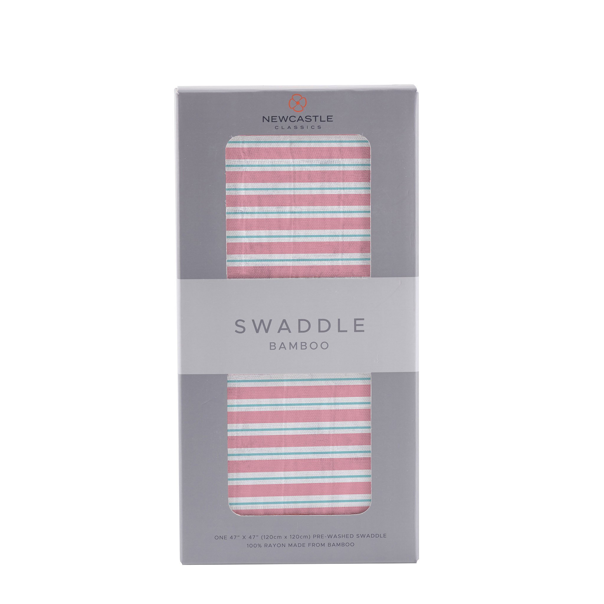 Candy Stripe Bamboo Muslin Swaddle in soft pastel colors, showcasing its breathable fabric and generous size, perfect for swaddling babies.