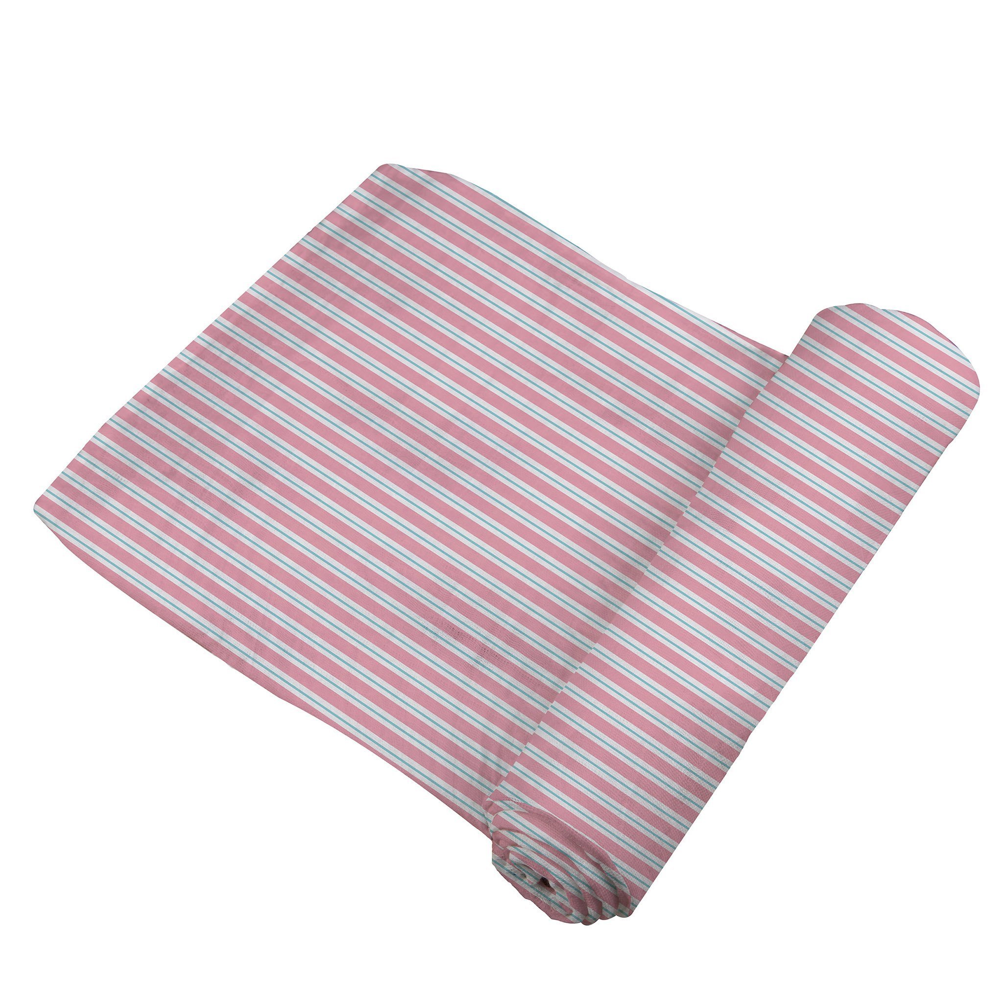 Candy Stripe Bamboo Muslin Swaddle in soft pastel colors, showcasing its breathable fabric and generous size, perfect for swaddling babies.