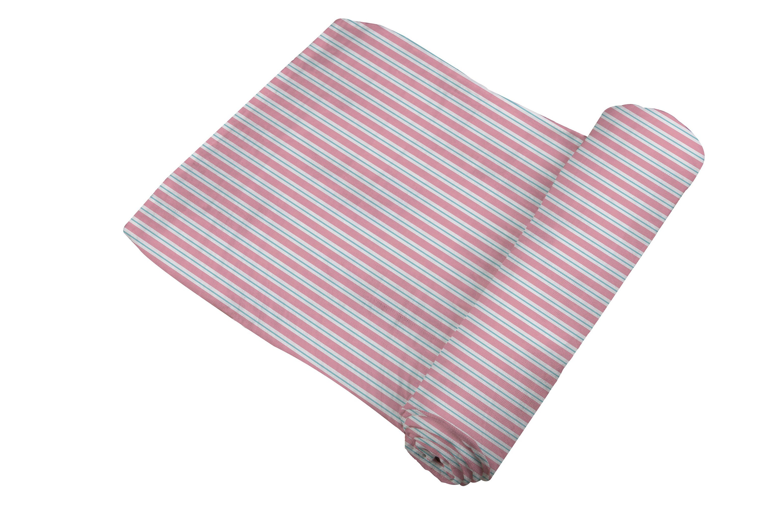 Candy Stripe Bamboo Muslin Swaddle in soft pastel colors, showcasing its breathable fabric and generous size, perfect for swaddling babies.