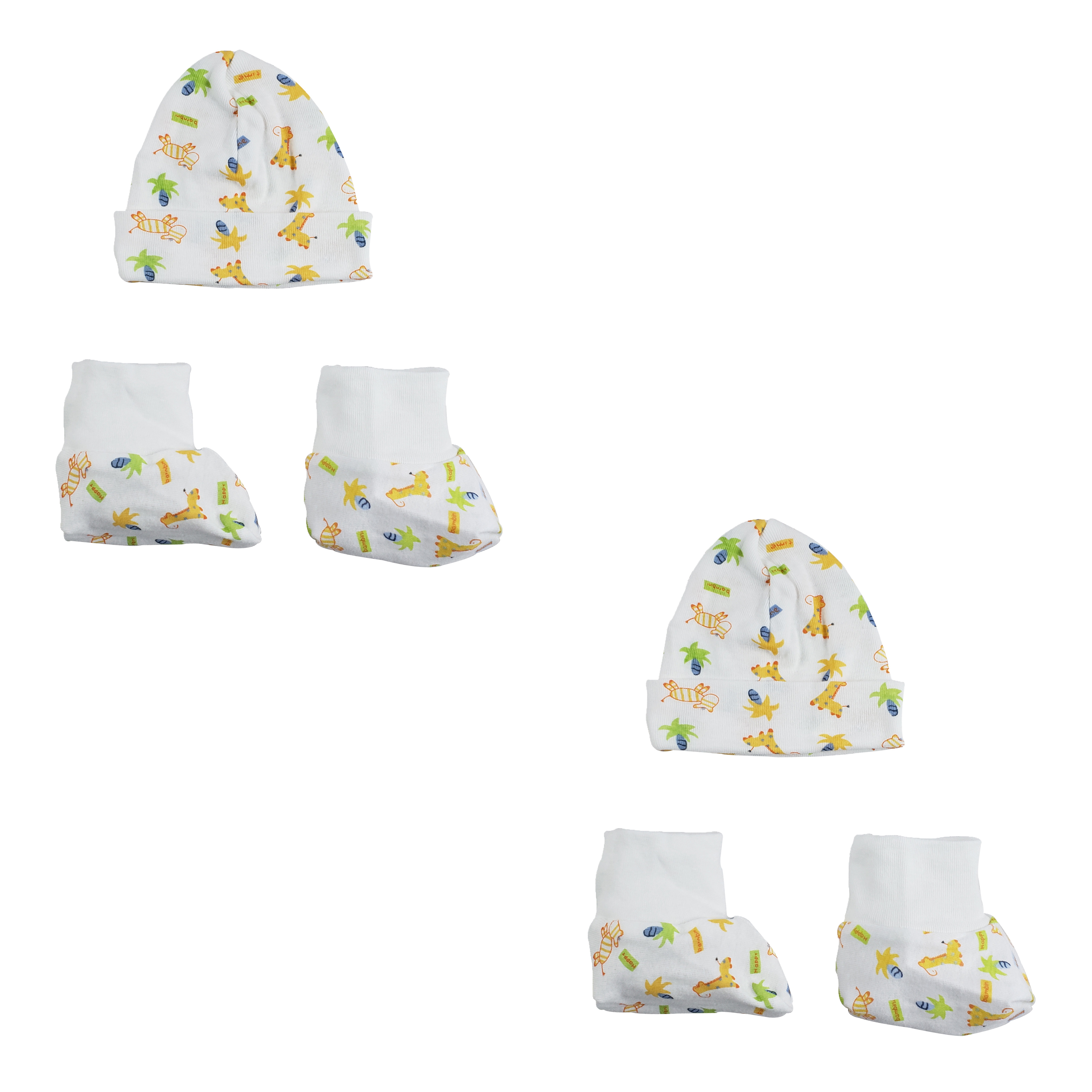 A cozy 4-piece set for newborns including two soft cotton caps and two matching booties, perfect for comfort and style.