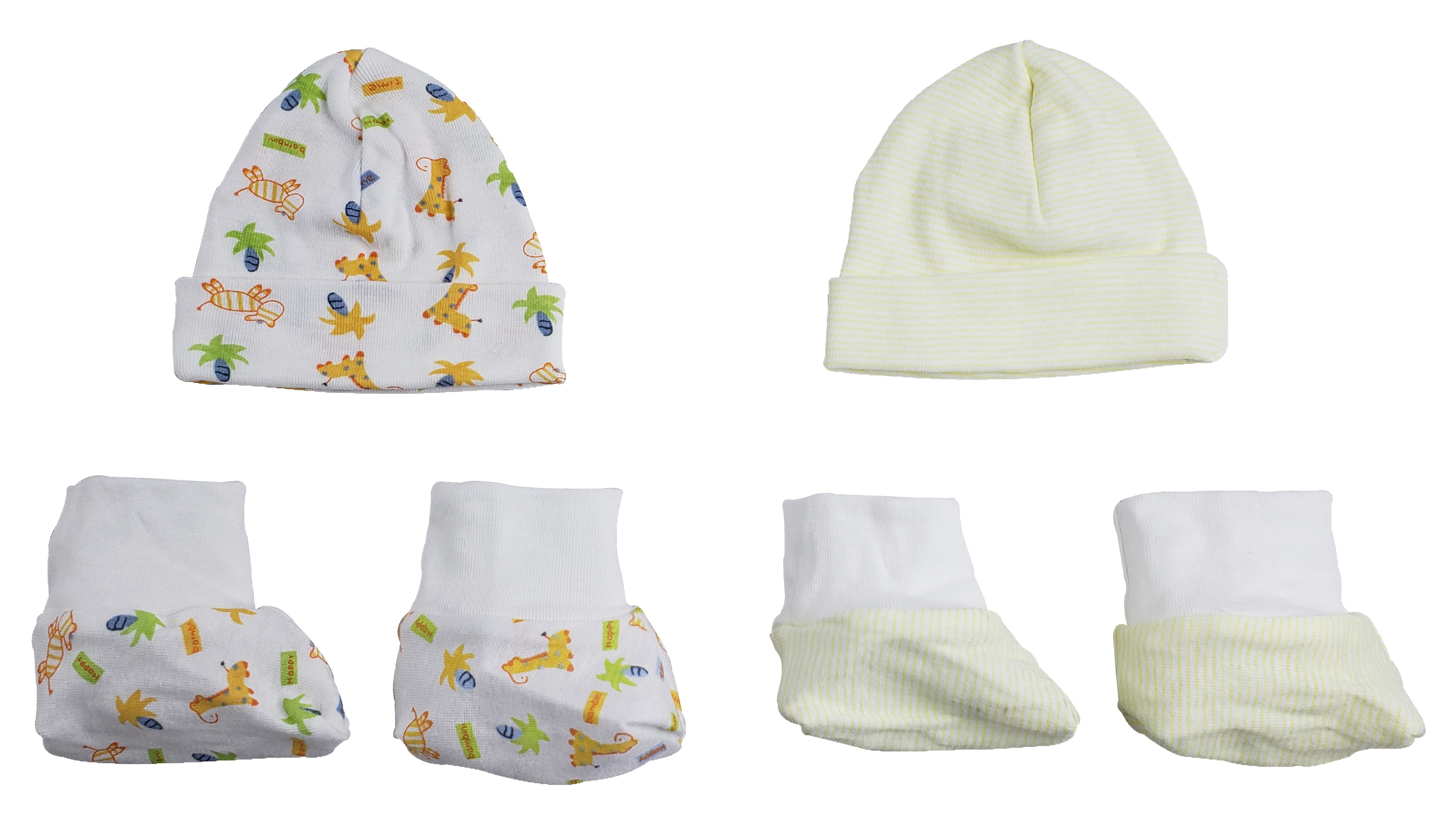 A cozy 4-piece set for newborns including two stylish caps and two pairs of booties made from soft cotton fabric.