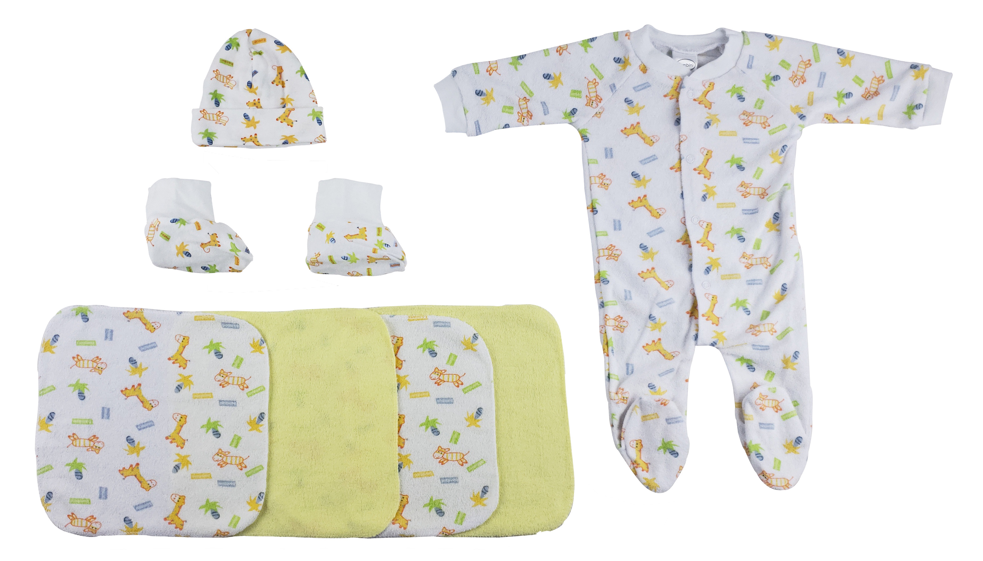 A 9-piece baby set including soft cotton caps, booties, and washcloths, perfect for newborns and baby showers.