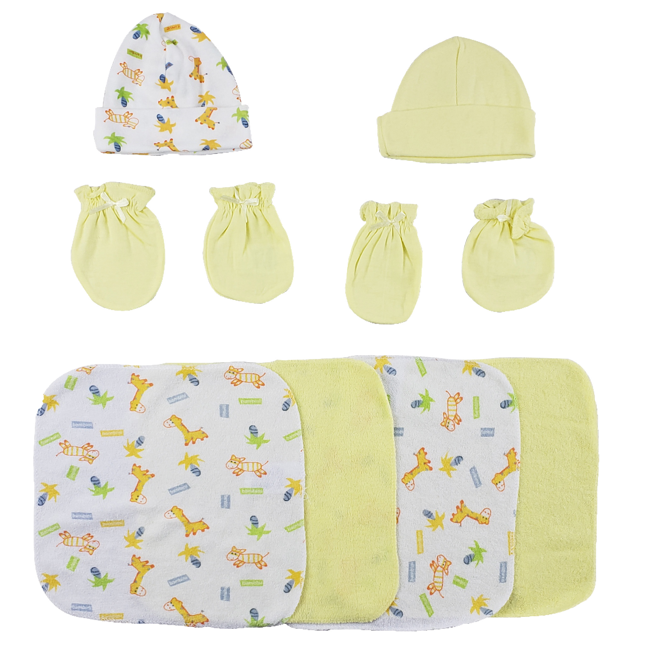 A cozy 8-piece baby set including caps, mittens, and washcloths made from soft cotton, perfect for newborns.