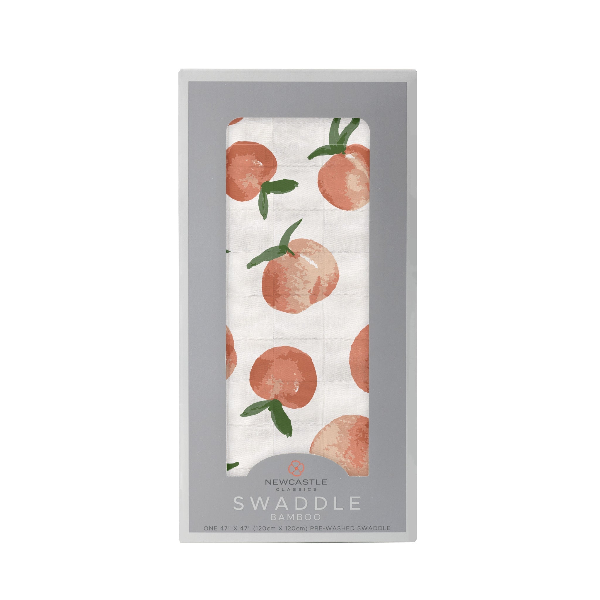 Carnelian Peaches Swaddle made from soft bamboo muslin, featuring a peach color and generous size for versatile use.