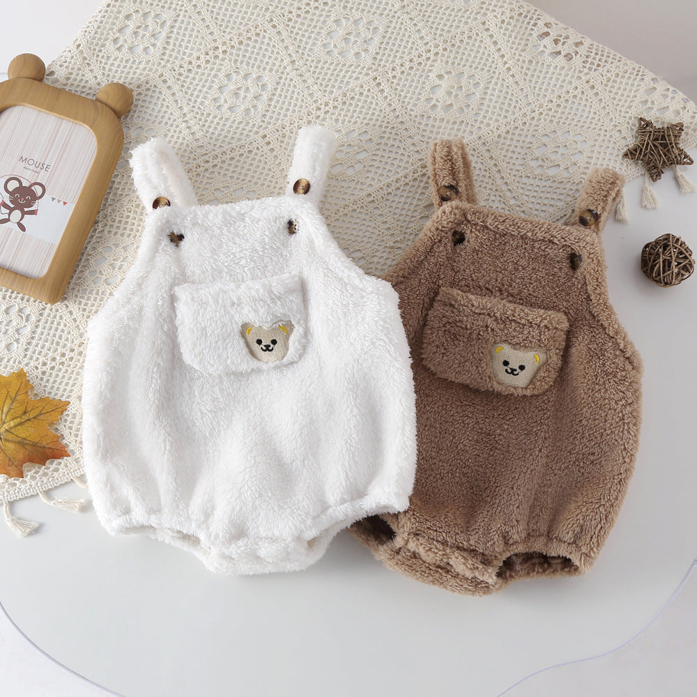 A cute cartoon bear pattern solid color onesie in white and brown, perfect for babies.