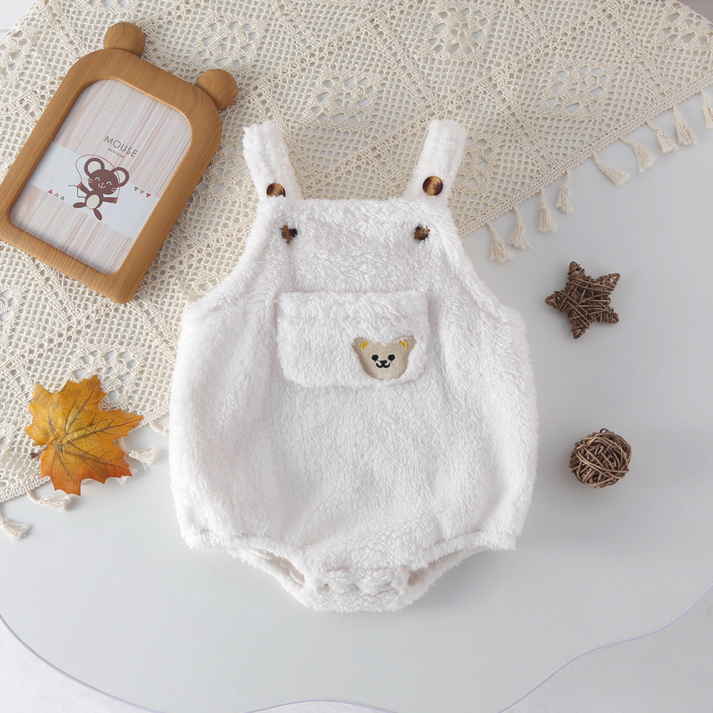 A cute cartoon bear pattern solid color onesie in white and brown, perfect for babies.