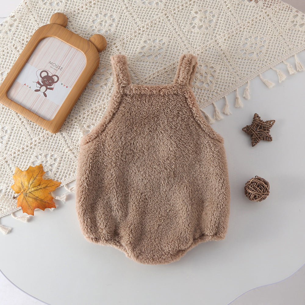 A cute cartoon bear pattern solid color onesie in white and brown, perfect for babies.