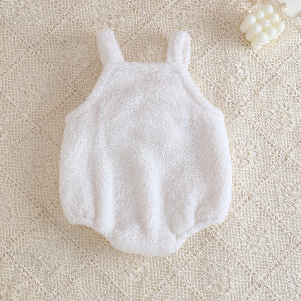 A cute cartoon bear pattern solid color onesie in white and brown, perfect for babies.