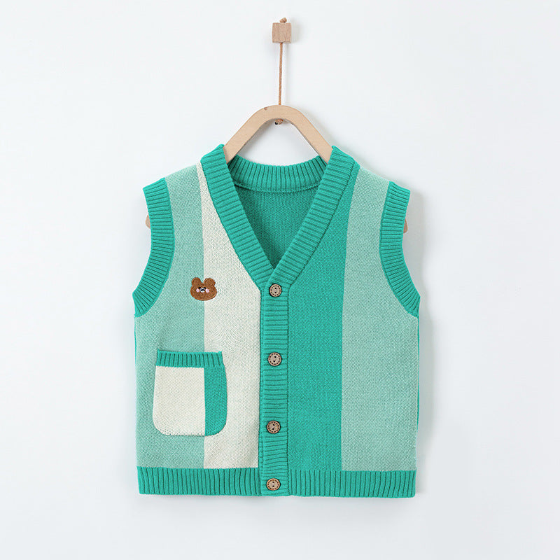 Cartoon Bear Pattern V-Neck Design Knitwear in vibrant green color, made from soft cotton, suitable for babies and toddlers.